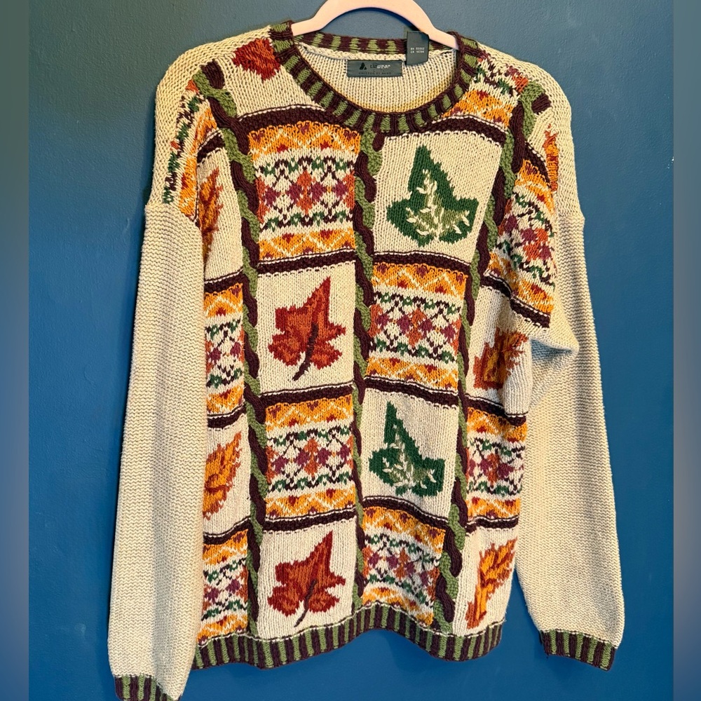 Vintage Lizwear Hand Knit Linen Cotton Leaf Sweater Large | Cabincore